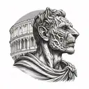 A detailed portrait of Julius Caesar with a tiger wrapped around his arm, set against the backdrop of the Colosseum tattoo design idea