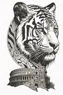 A fierce tiger standing in front of the Colosseum, with Julius Caesar's profile subtly incorporated in the background tattoo design idea