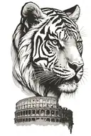 A fierce tiger standing in front of the Colosseum, with Julius Caesar's profile subtly incorporated in the background tattoo design idea
