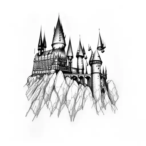 A tattoo of the iconic Hogwarts Castle from Harry Potter, surrounded by musical notes and instruments tattoo design idea