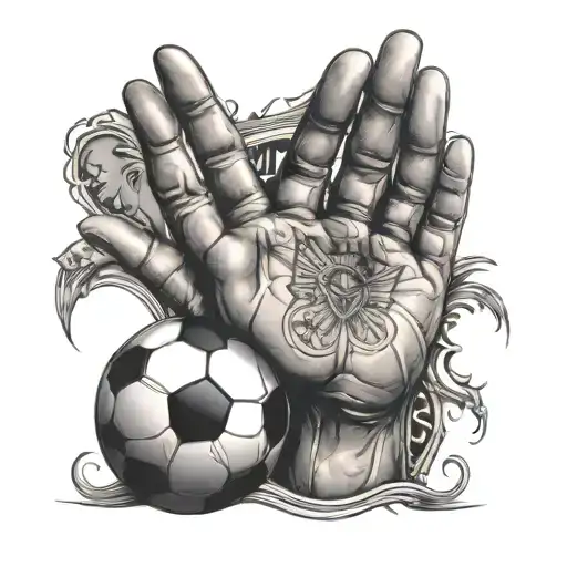 A mystical interpretation of the Fatima hand holding a soccer ball tattoo design idea