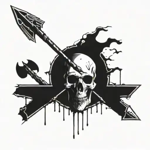 can you generate an detalied skull getting penetrated with an arrow with an eblem of the letter M  tattoo design idea