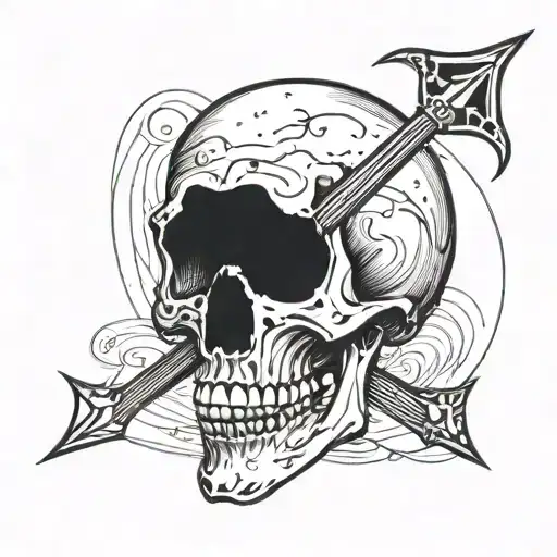 detalied skull without a background penetrated with an arrow top down and  on the foreheal of skull craved the letter M tattoo design idea