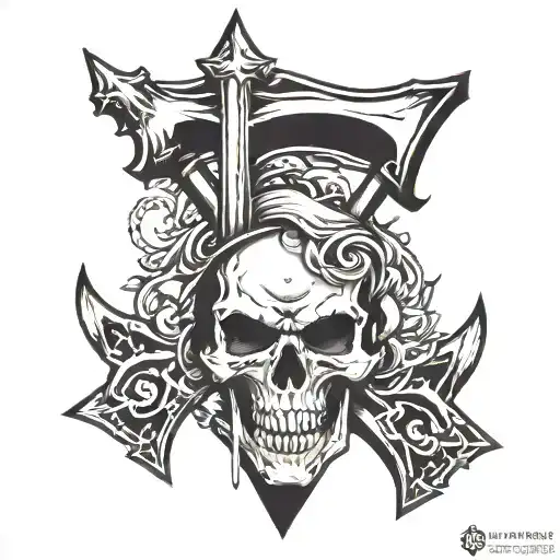  detalied skull getting penetrated with an arrow top down and  on the foreheal of skull craved the letter M tattoo design idea