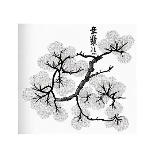 black and white cherry blossom branches with Japanese kanji tattoo design idea