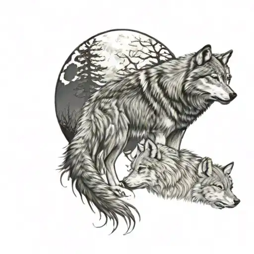 wolf, dead moon and 2 wolf cubs tattoo design idea