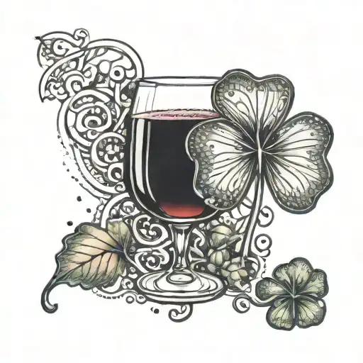 4 leaf clover and glass of wine tattoo design idea