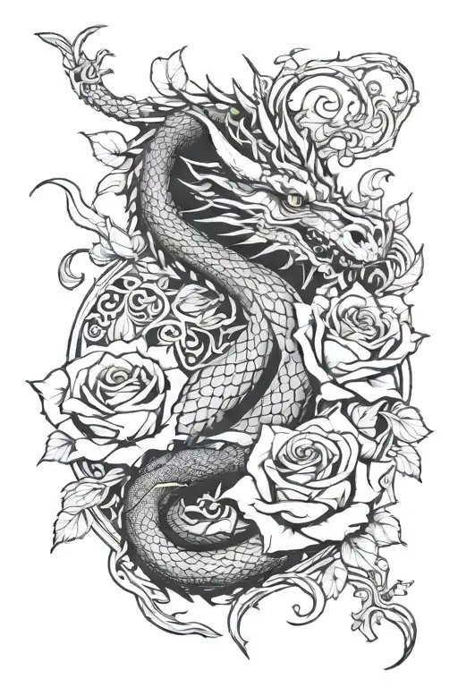 dragon and rose surrounded tattoo design idea