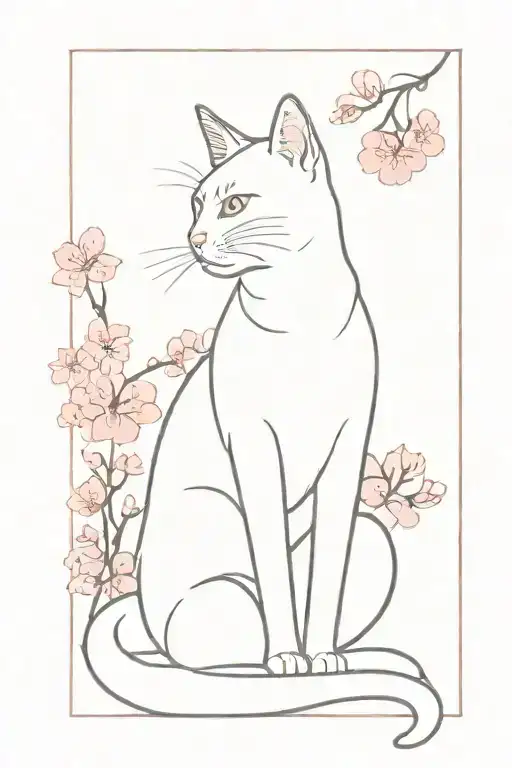 full-length cat with red wings, pink sakura tattoo design idea