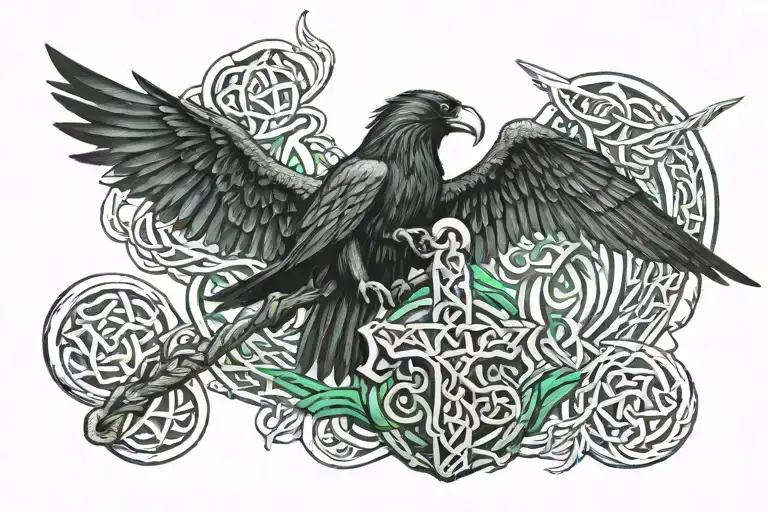 thors hammer with rune symbolizing strength, an emerald embetted. Add celtic knots in form of roots. two ravens flying tattoo design idea