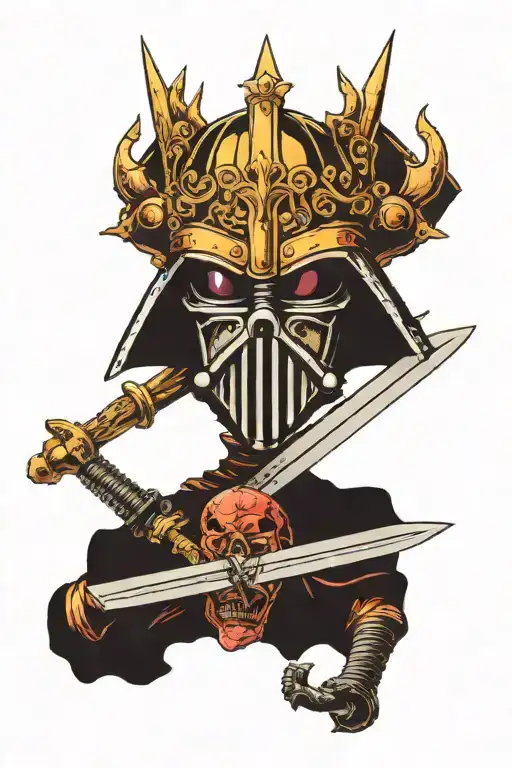 vaders helmet and darth mauls head going through a sword and on top of the sword is a crown. on the blade is 6/23/65 tattoo design idea