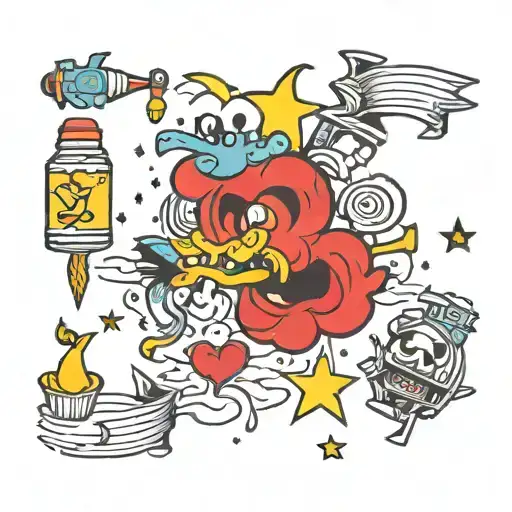 90s nostalgic cartoons elements tattoo design idea