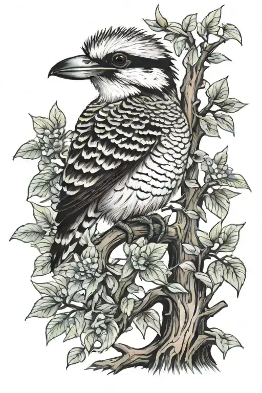 Classical music sheet music intertwined with folk art inspired kookaburra sitting in a tree tattoo design idea