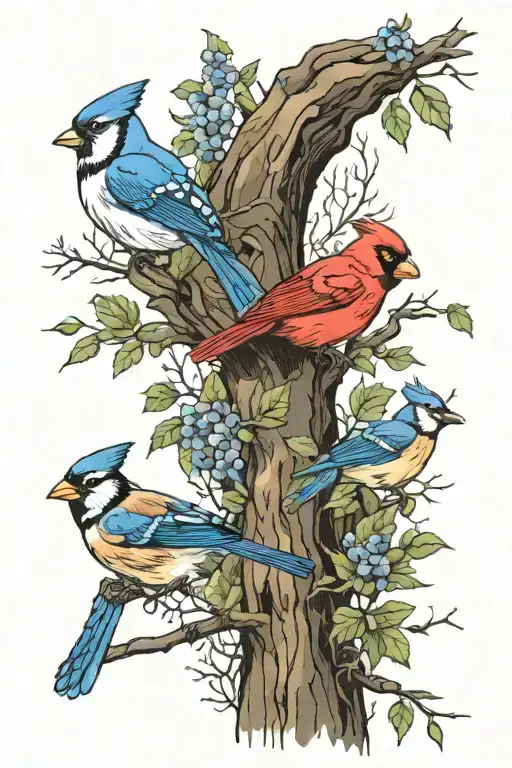 Classical music, country music, nature scene surrounding, northern cardinals and blue jays tattoo design idea