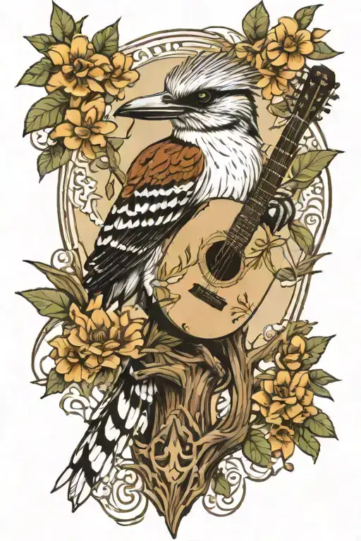 kookaburra perched regally on acoustic guitar surrounded by nature tattoo design idea