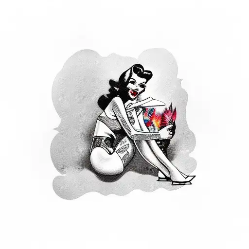 A seductive pin-up girl sitting on a Harley Davidson motorcycle, surrounded by tropical palm trees tattoo design idea