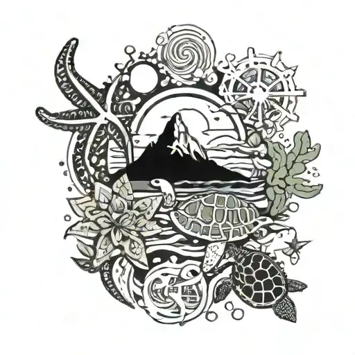 Ocean waves with mountains and cactus and redwoods and sea turtles and starfish and sun and moon and oyster  tattoo design idea