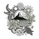 Ocean waves with mountains and cactus and redwoods and sea turtles and starfish and sun and moon and oyster  tattoo design idea