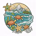 Ocean waves with mountains and cactus and redwoods and sea turtles and starfish and sun and moon and oyster  tattoo design idea