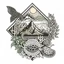 Ocean waves with mountains and cactus and redwoods and sea turtles and starfish and sun and moon and oyster  tattoo design idea