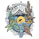 Ocean waves with mountains and cactus and redwoods and sea turtles and starfish and sun and moon and oyster  tattoo design idea