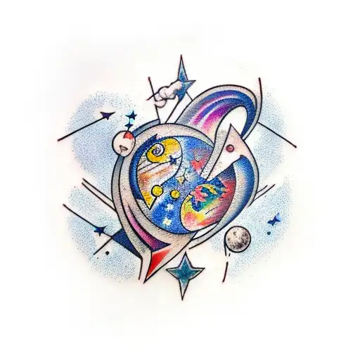 An abstract tattoo of a broken heart transforming into a starry night sky with planets and shooting stars tattoo design idea