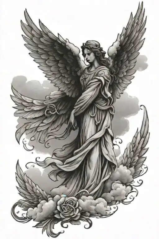 clouds surrounding them guardian angel wings tattoo design idea