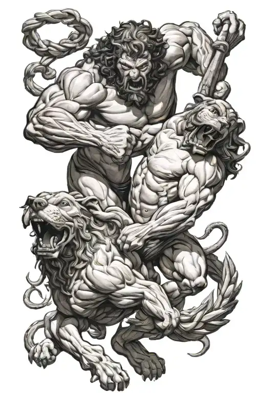 Hercules fighting with cerberus intertwined with each other tattoo design idea