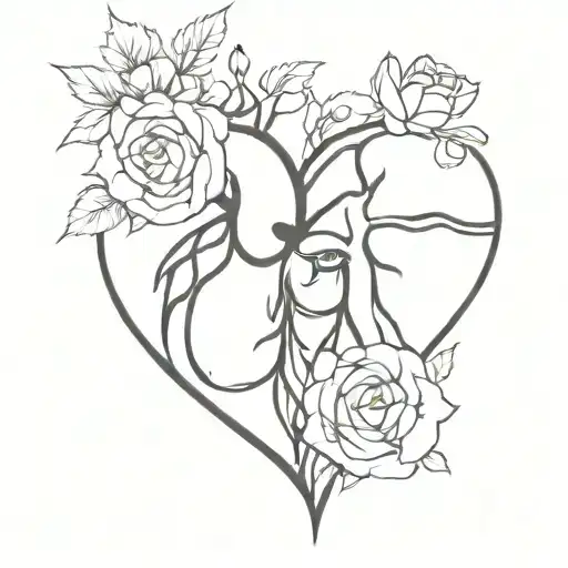 Half heart and the other half brain. Flowers come out from both parts tattoo design idea