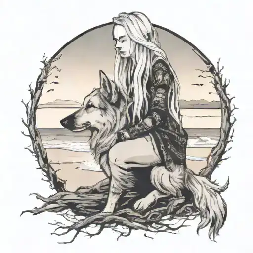 young long haired blonde woman at driftwood beach at sunet with mostyl black geermna shepherd tattoo design idea