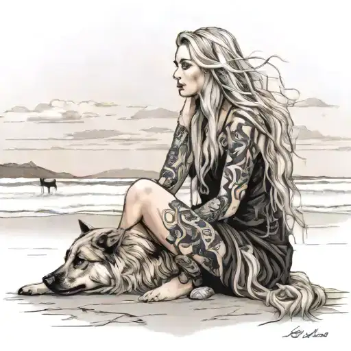 young long haired blonde woman at driftwood beach at sunet with mostyl black geermna shepherd tattoo design idea