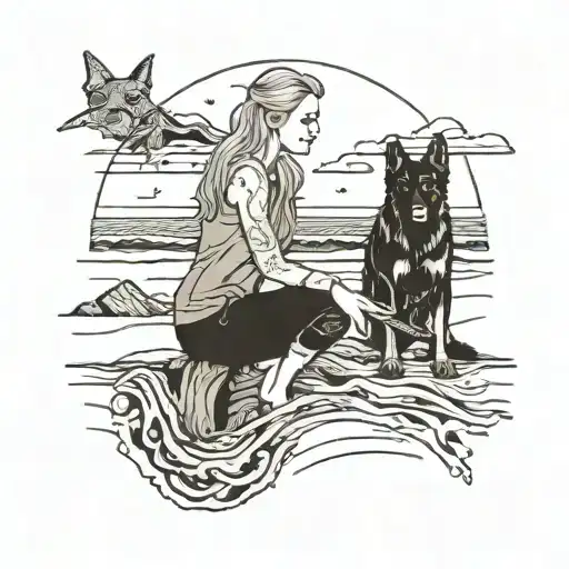 young blonde woman at driftwood beach with mostly black german shepherd  tattoo design idea
