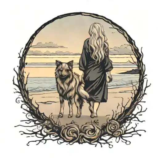 behind of young long haired blonde woman at driftwood beach at sunet walking black geermna shepherd at sunset tattoo design idea