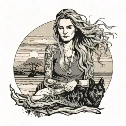 young long haired blonde woman at driftwood beach at sunet with mostyl black geermna shepherd tattoo design idea