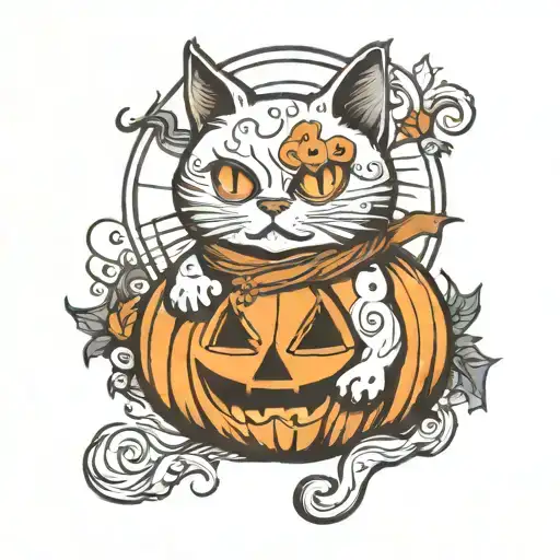 halloween pumpkin ghost cat tattoo design idea