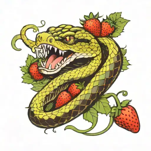 snake with open mouth coiled between strawberries tattoo design idea