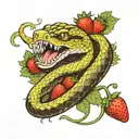 snake with open mouth coiled between strawberries tattoo design idea