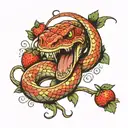 snake with open mouth coiled between strawberries tattoo design idea