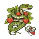 snake with open mouth coiled between strawberries tattoo design idea