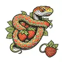 snake with open mouth coiled between strawberries tattoo design idea