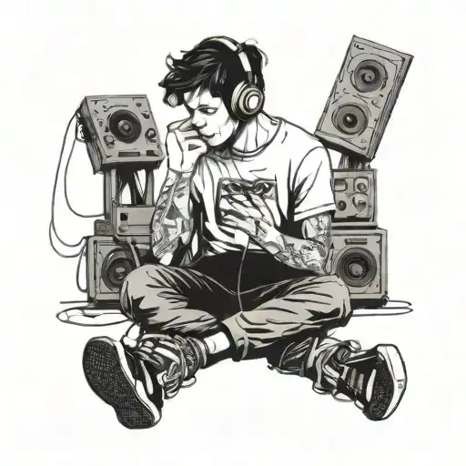 A guy listening to music somewhere alone. Far from the world's problems tattoo design idea