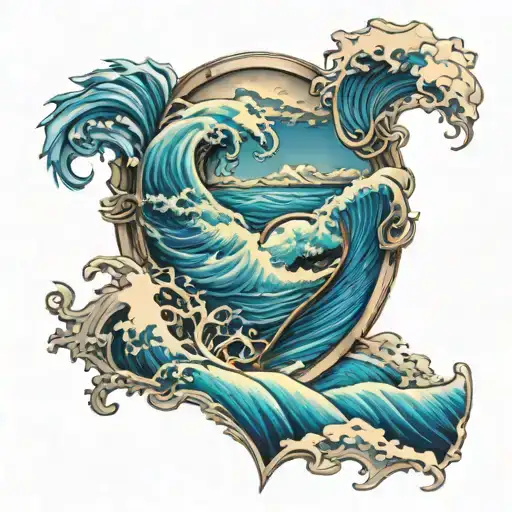 7 number and ocean waves and heart tattoo design idea