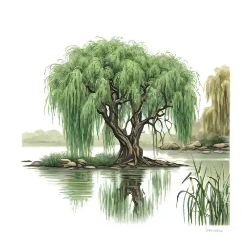 willow tree by the paco river with lilys pads tattoo design idea