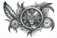 sun and tiger and feather and clock tattoo design idea