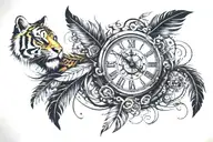 sun and tiger and feather and clock tattoo design idea