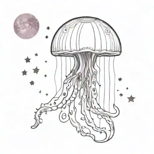 big jellyfish with cresent moon and witchcraft symbols colored in black white and purple on colored background tattoo design idea