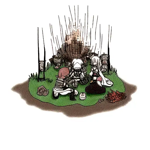 Video Game characters sitting around a dark souls bonfire, each doing something slightly different. tattoo design idea