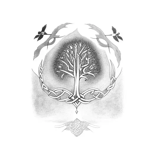 celtic tree of life with crow and skull tattoo design idea