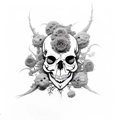 Plague mask on a skull with moss and overgrown plants, black tattoo design idea
