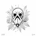Gas mask on a skull with moss and overgrown plants, black tattoo design idea